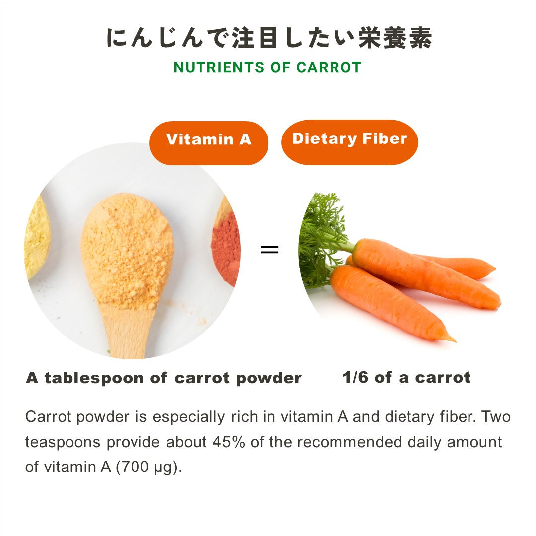 Brightly colored carrot powder from fertile Japanese farmland   400g (14oz) 8 mylar bags containing 50g